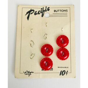4 Vintage Red Buttons Buttons On Card Pacific Plastic Round Two Hole Los Angeles